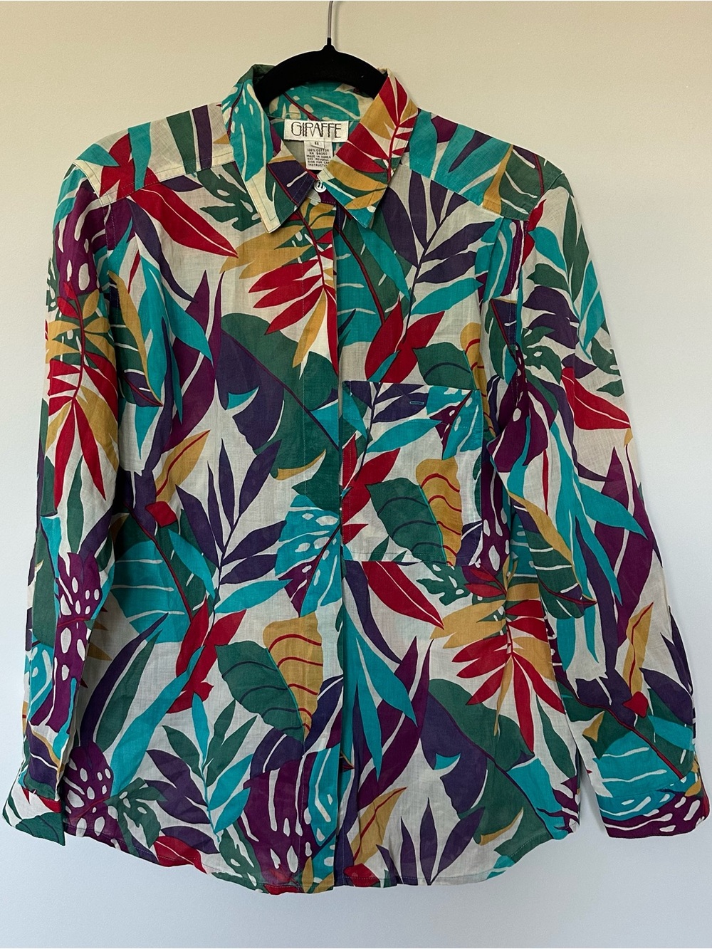 Vtg Giraffe 100% Cotton Tropical Leaf Print Button Down Shirt Blouse GrandmaChic